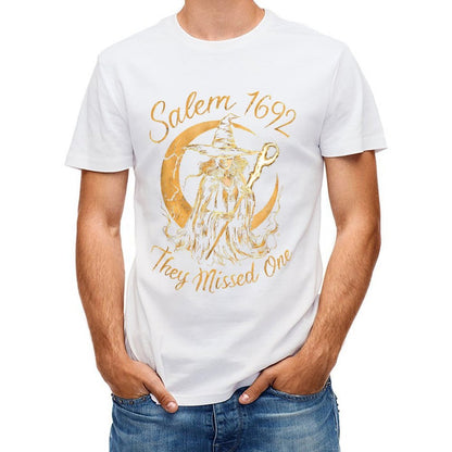 Inkmay Casual Cotton T-shirt Witch Holding Staff Against Crescent Moon Unisex T-shirtEasy-Care Recycled T-Shirt