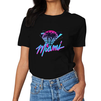 Inkmay Casual  Cotton T-shirt Miami Sunset Palm Trees Art Print Unisex T-shirtSmooth Feel TrueFit T-Shirt
