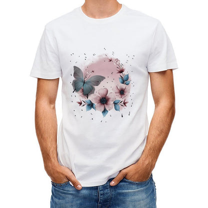 Inkmay Casual Cotton T-shirt Floral Butterfly Design With Soft Colors Unisex T-shirtCotton Printing T-Shirt