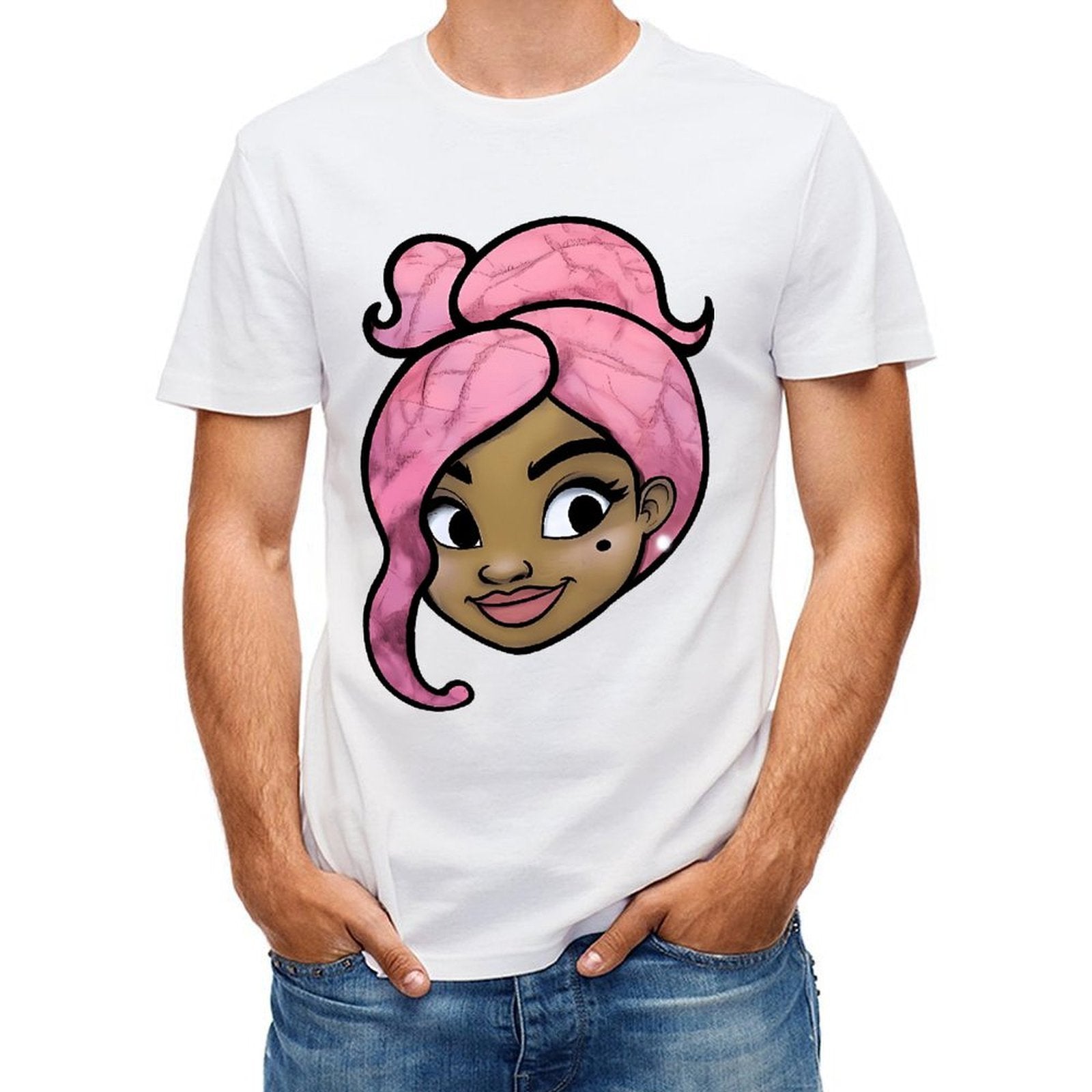 Inkmay Casual Cotton T-shirt Pink Hair With Swirls And Highlights Unisex T-shirtDaily ClassicSeries T-Shirt