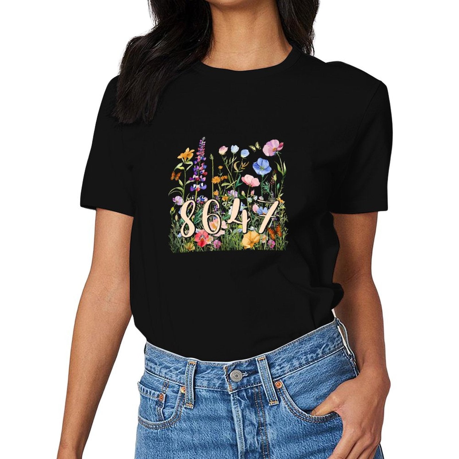Inkmay Casual  Cotton T-shirt Floral Pattern With Numbers And Butterflies Unisex T-shirtTimelessStyle Urban T-Shirt