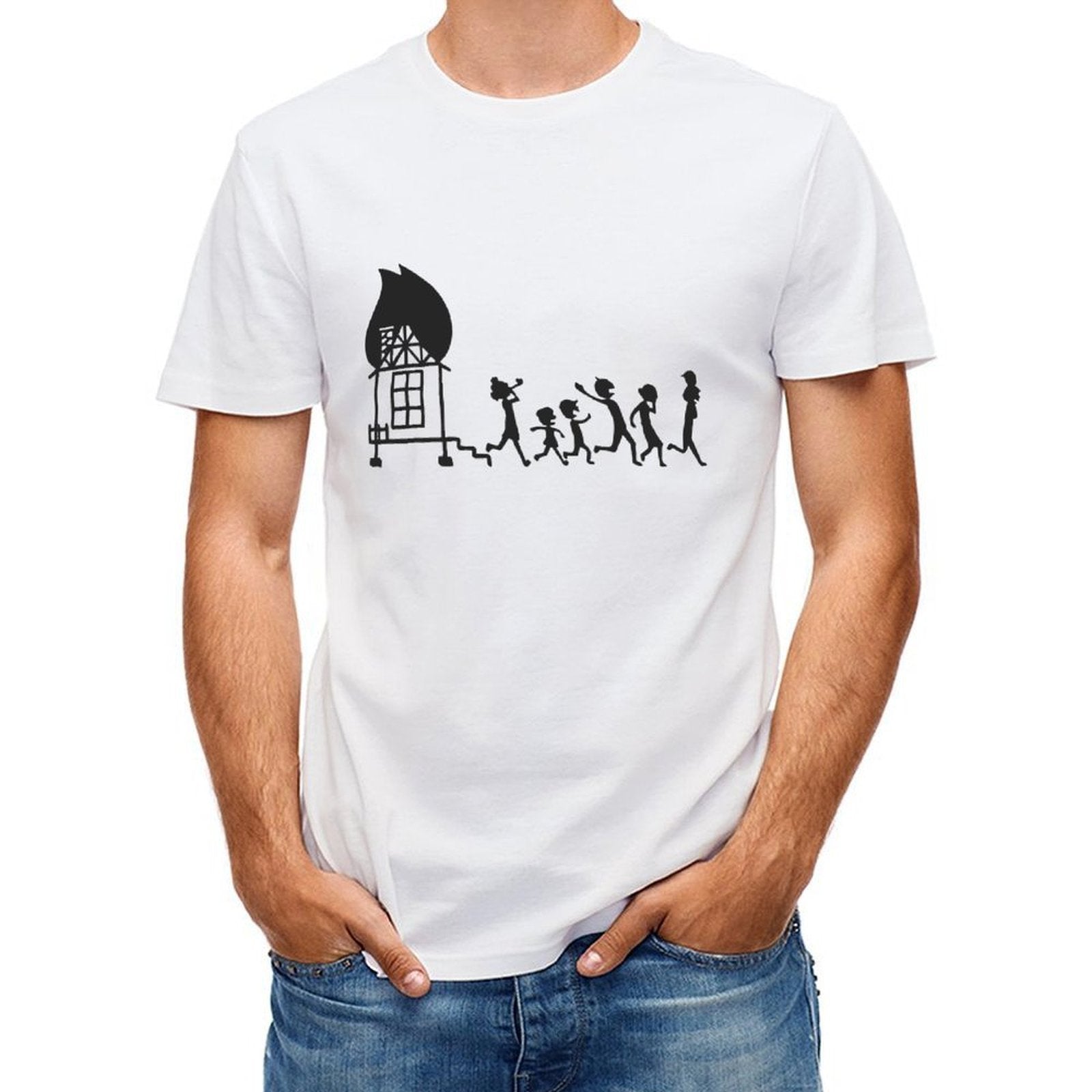 Inkmay Casual Cotton T-shirt Fire House Silhouette Running People Pattern Unisex T-shirtPocket Tee EasyWear T-Shirt