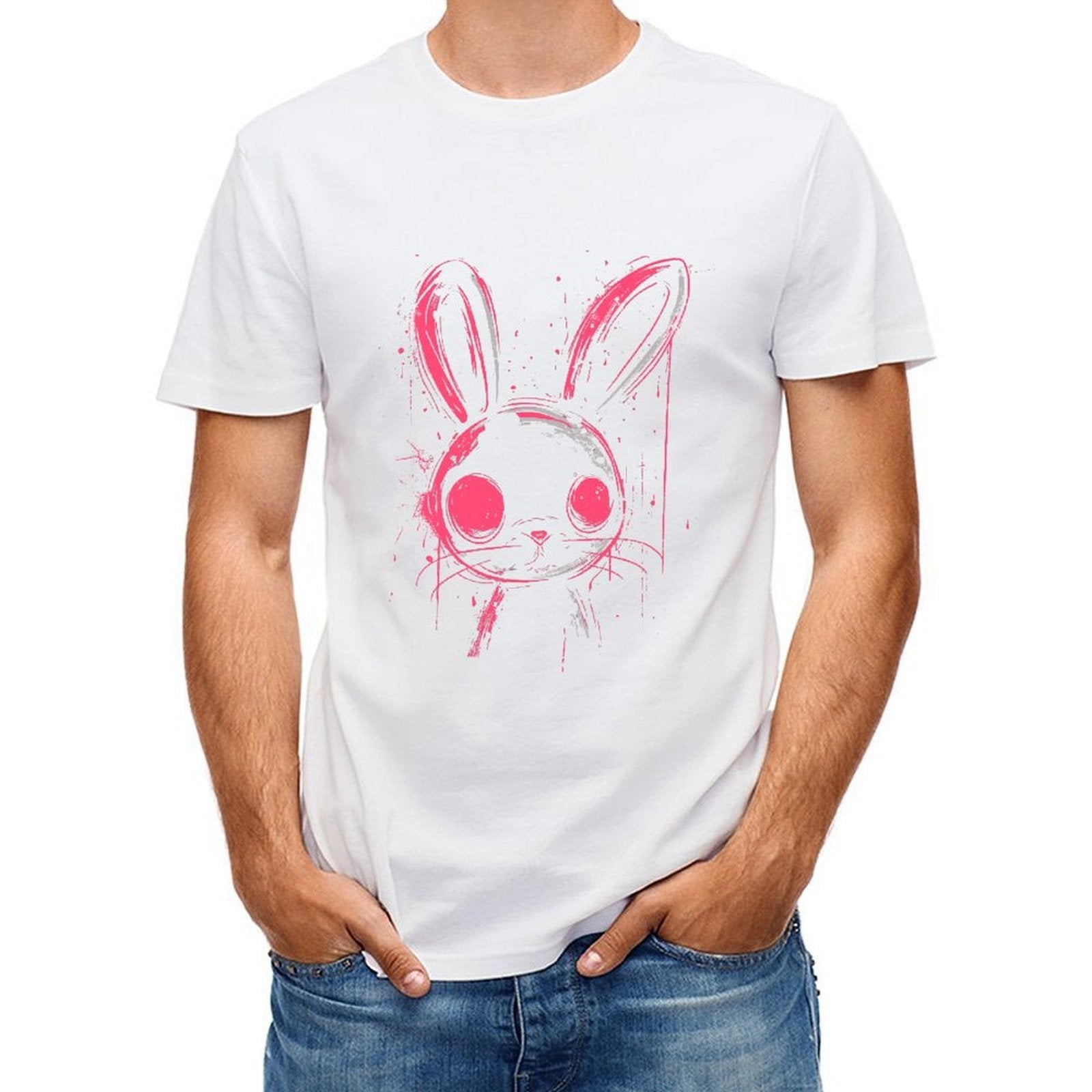 Inkmay Casual Cotton T-shirt Stylish Pink Rabbit Face Art Print Unisex T-shirtSlim Fit Premium Finish T-Shirt