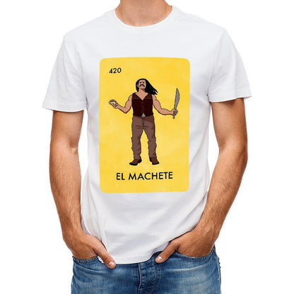 Inkmay Casual Cotton T-shirt Man Holding Machete In Yellow Background Unisex T-shirtUltra Durable Strong T-Shirt
