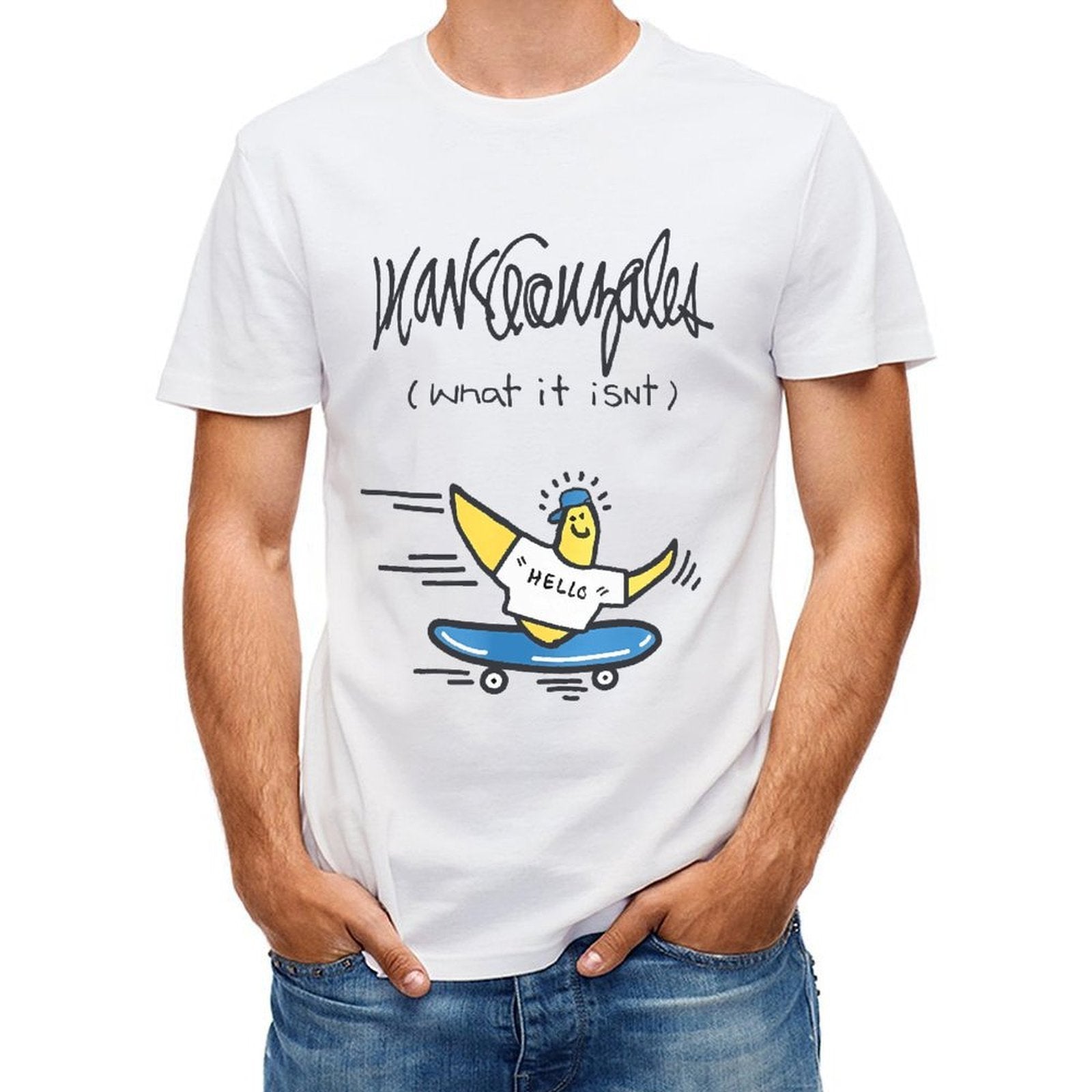 Inkmay Casual Cotton T-shirt Banana Wearing Hat Riding Skateboard Unisex T-shirtEco-Conscious BasicSeries T-Shirt