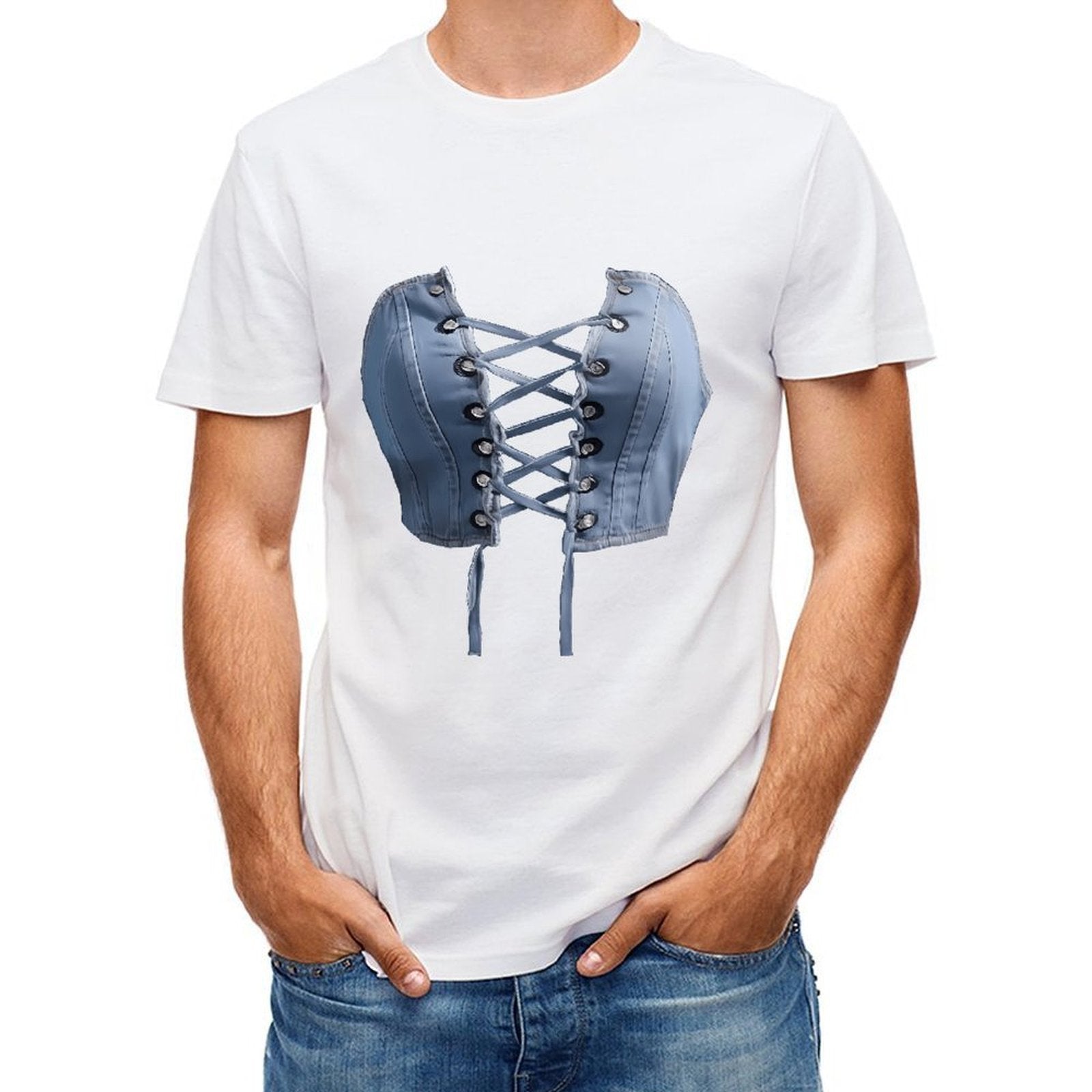 Inkmay Casual Cotton T-shirt Blue Satin Corset With Laceups Unisex T-shirtSimple Heavyweight T-Shirt