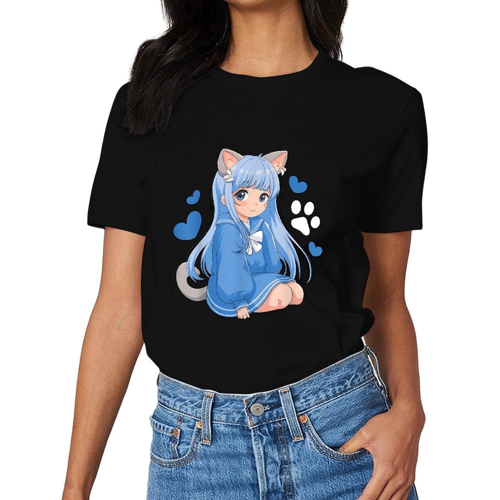 Inkmay Casual Cotton T-shirt Blue Cat Girl With Hearts Unisex T-shirtEdition EverydaySeries T-Shirt