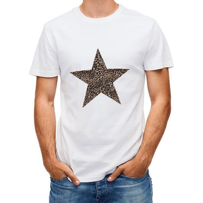 Inkmay Casual Cotton T-shirt Leopard Print Star On Striped Background Unisex T-shirtSmooth Feel Plain T-Shirt