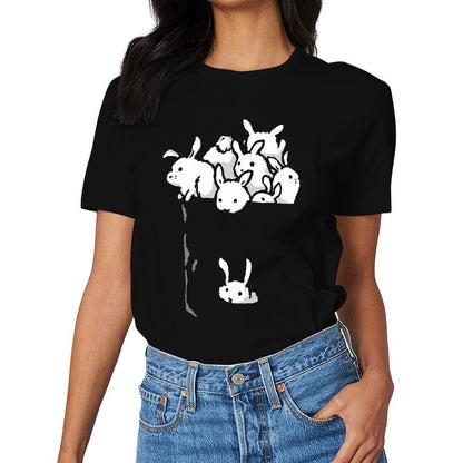 Inkmay Casual  Cotton T-shirt Bunny Pattern Print On White Background Unisex T-shirtEco-Conscious ActiveLine T-Shirt