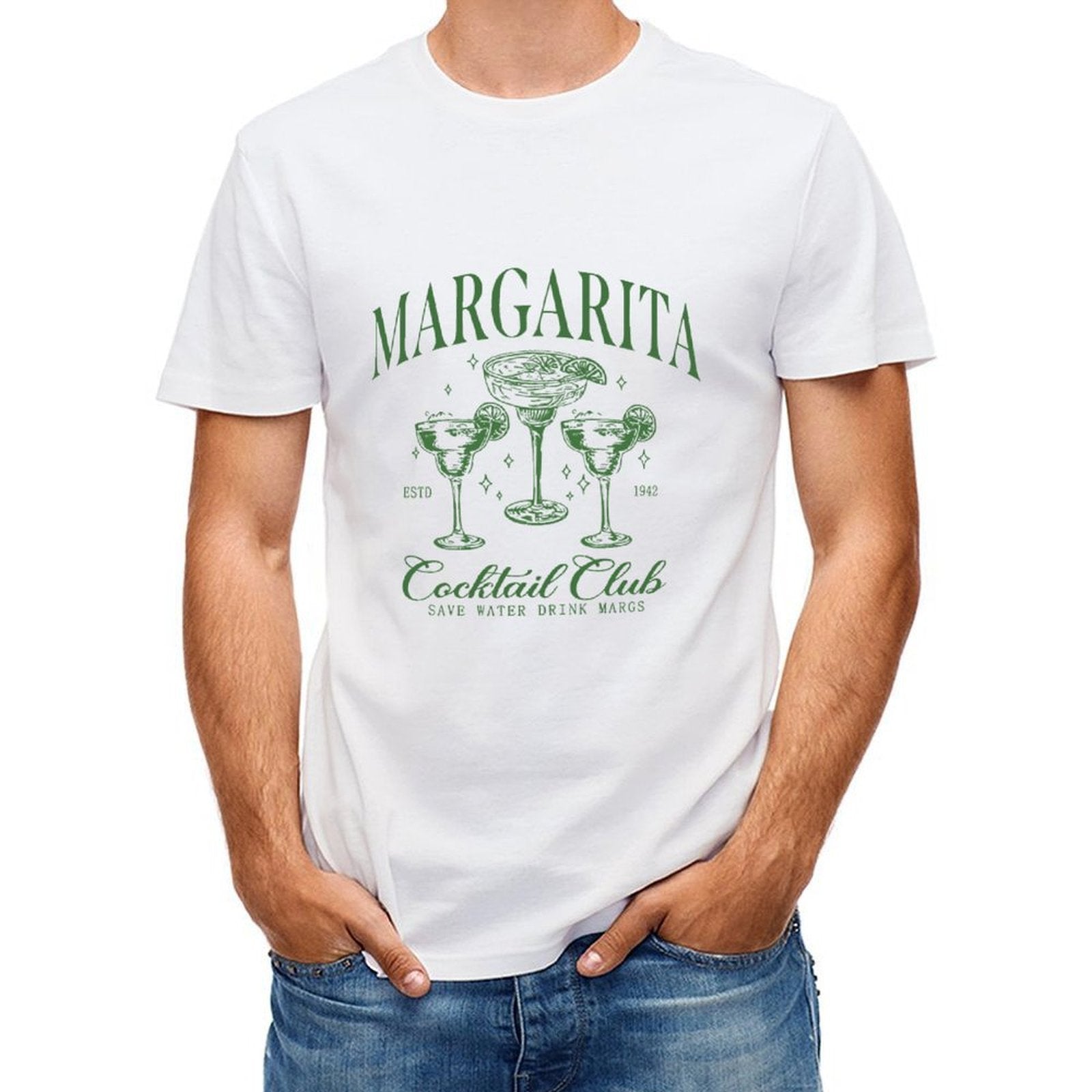 Inkmay Casual Cotton T-shirt Green Margarita Cocktail Glass Pattern Design Unisex T-shirtCrew Neck DailyFit T-Shirt