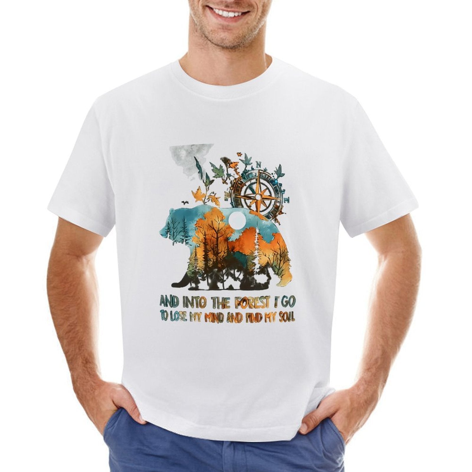Inkmay Casual  Cotton T-shirt Bear Forest Compass Nature Artwork Design Unisex T-shirtTimelessStyle Long Lasting T-Shirt