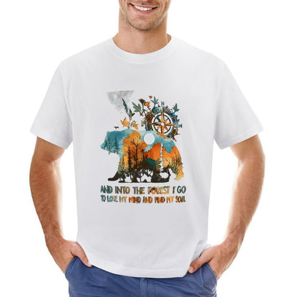 Inkmay Casual  Cotton T-shirt Bear Forest Compass Nature Artwork Design Unisex T-shirtTimelessStyle Long Lasting T-Shirt