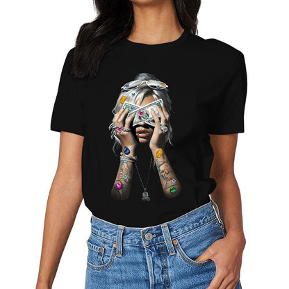 Inkmay Casual Cotton T-shirt Luxury Woman Holding Money With Gems Unisex T-shirtOriginal Chill T-Shirt