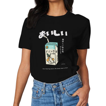 Inkmay Casual Cotton T-shirt Lemon Drink With Cat Illustration Unisex T-shirtFitted TrueStyle T-Shirt