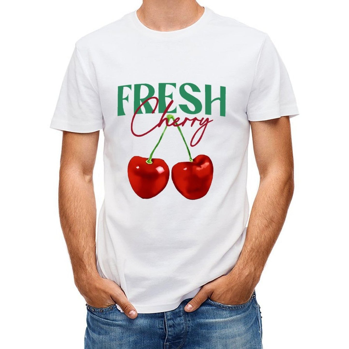 Inkmay Casual Cotton T-shirt Cherry Pattern Prints Fresh And Vibrant Unisex T-shirtBasic Plain T-Shirt