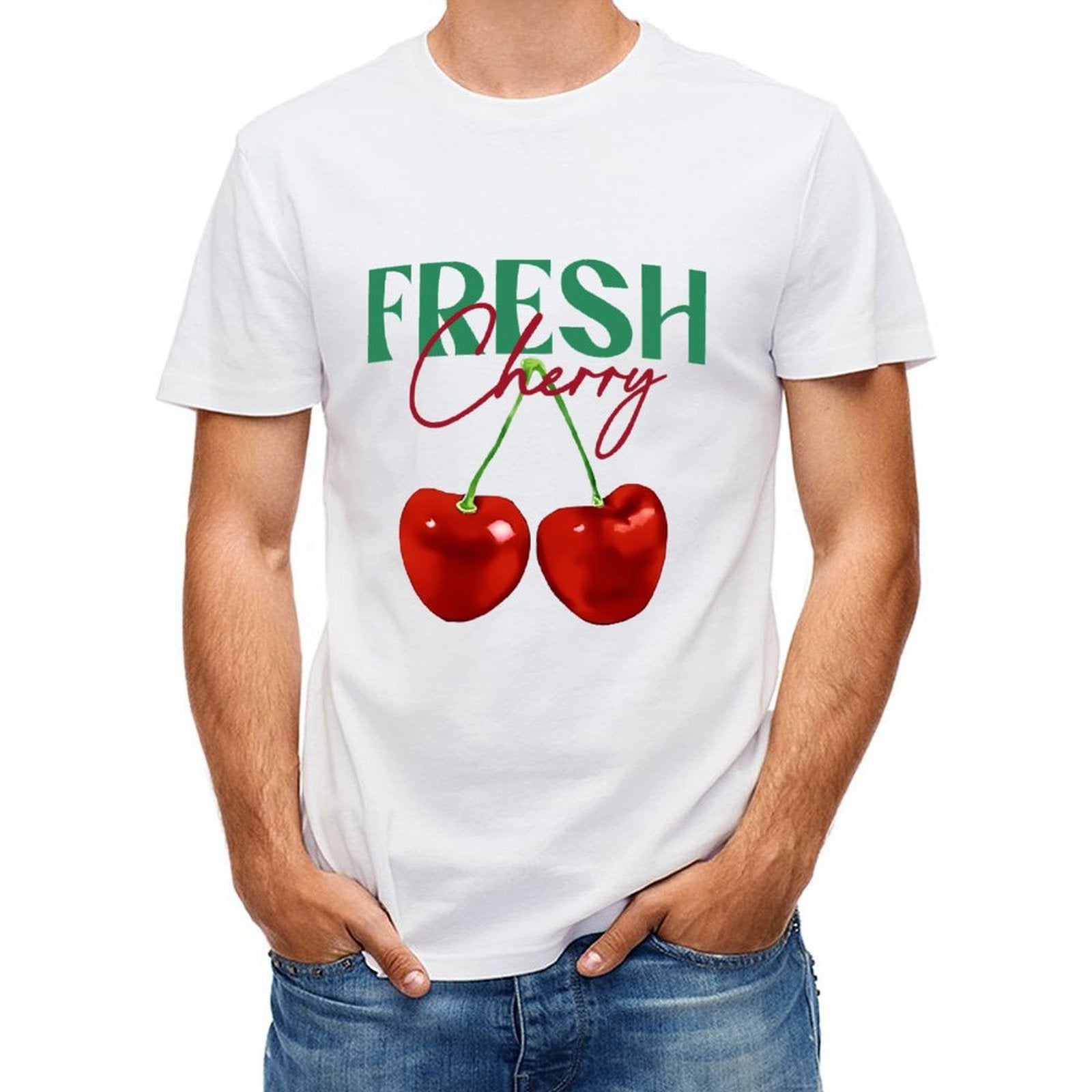 Inkmay Casual Cotton T-shirt Cherry Pattern Prints Fresh And Vibrant Unisex T-shirtBasic Plain T-Shirt
