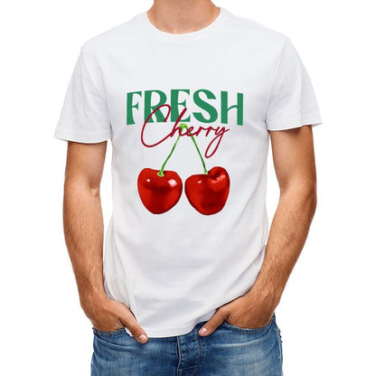 Inkmay Casual Cotton T-shirt Cherry Pattern Prints Fresh And Vibrant Unisex T-shirtBasic Plain T-Shirt