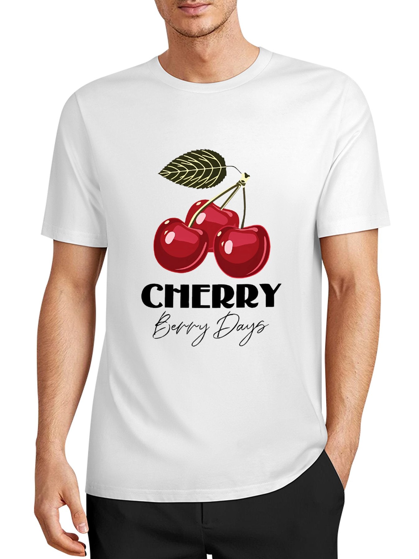 Inkmay Casual Cotton T-shirt Bright Red Cherries With Green Leaf Unisex T-shirtYearRound Heat-Transfer T-Shirt