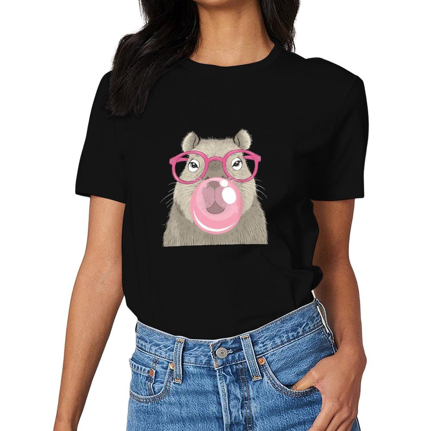 Inkmay Casual Cotton T-shirt Cartoon Bear With Pink Glasses Bubble Unisex T-shirt