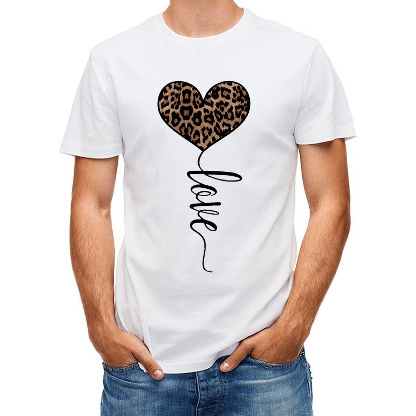 Inkmay Casual Cotton T-shirt Heart Shaped Leopard Print Love Design Unisex T-shirtSoft Double-Stitched T-Shirt
