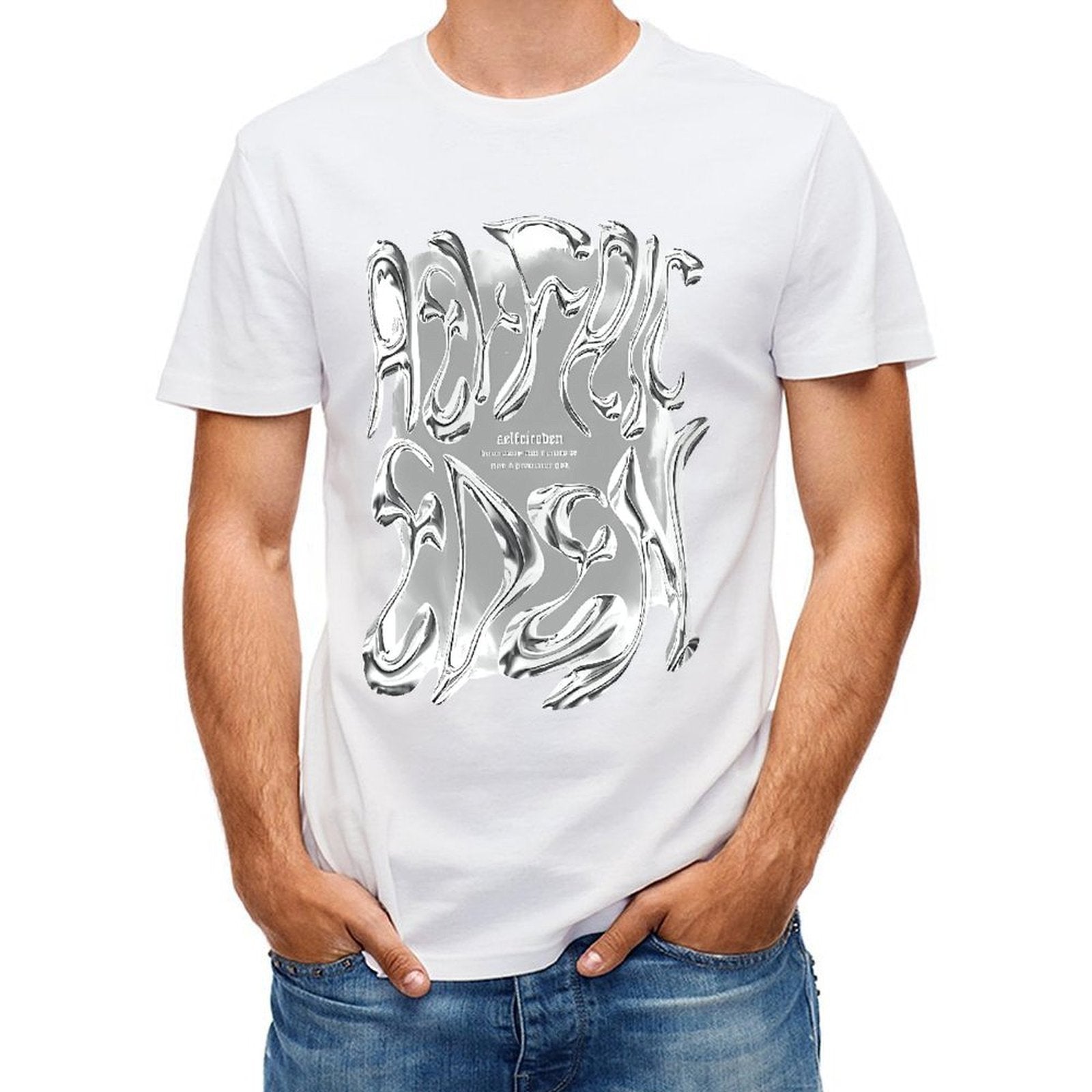 Inkmay Casual Cotton T-shirt Abstract Silver Flame Design Artwork Print Unisex T-shirtStreetStyle Batch-Printed T-Shirt