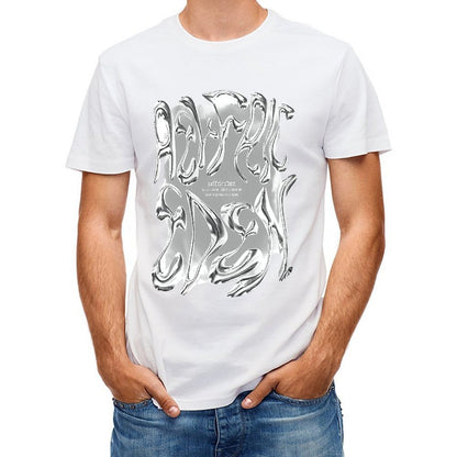 Inkmay Casual Cotton T-shirt Abstract Silver Flame Design Artwork Print Unisex T-shirtStreetStyle Batch-Printed T-Shirt