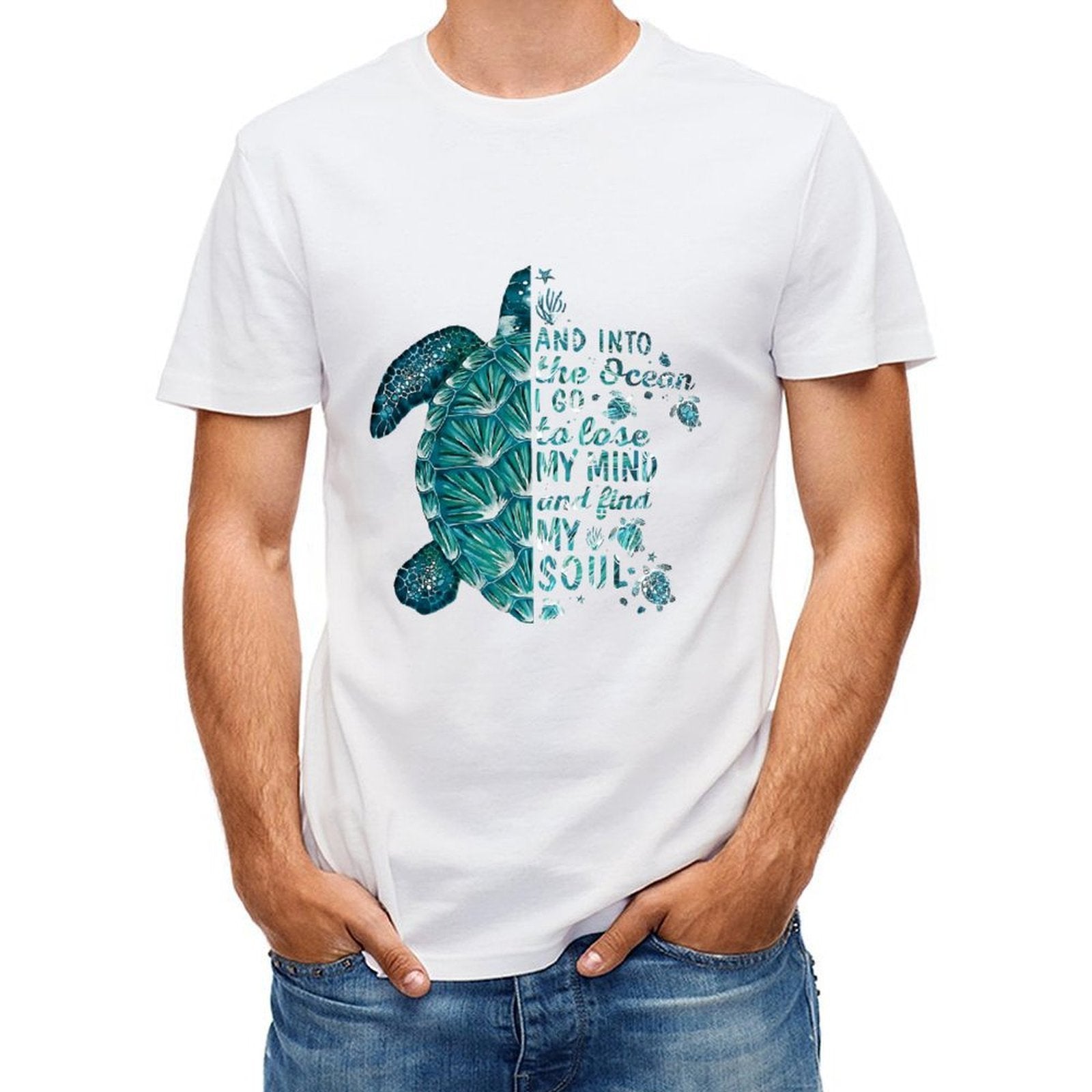 Inkmay Casual Cotton T-shirt Blue Turtle With Glass Beads Unisex T-shirtCrewneck Modern T-Shirt