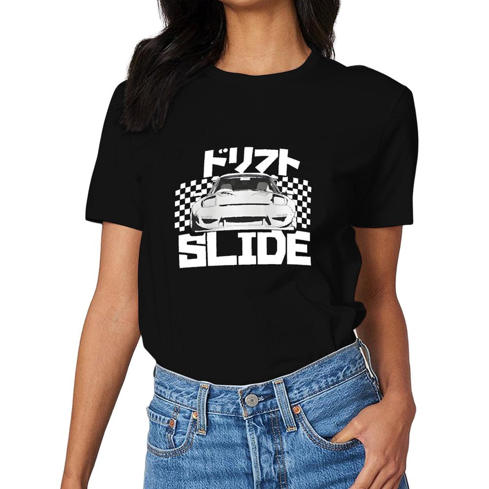 Inkmay Casual  Cotton T-shirt Drift Slide Car On Checkerboard Background Unisex T-shirtDaily ComfortLine T-Shirt