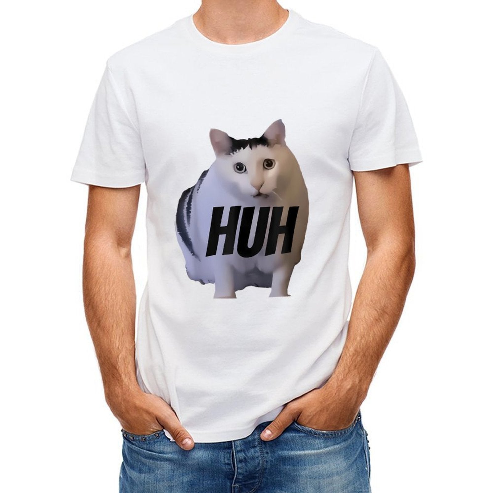 Inkmay Casual Cotton T-shirt Cat With Text Huh Overlaid Unisex T-shirtClassic Fit Original T-Shirt