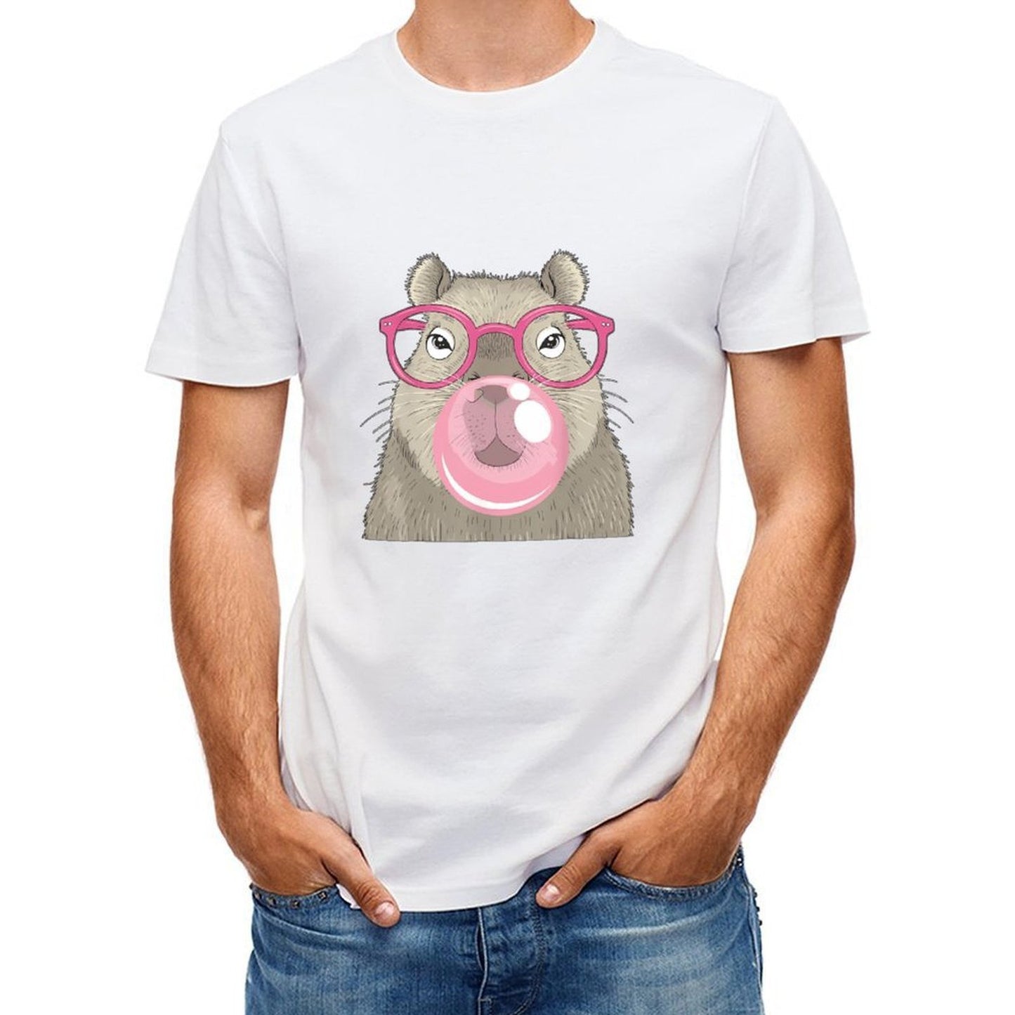 Inkmay Casual Cotton T-shirt Cartoon Bear With Pink Glasses Bubble Unisex T-shirt