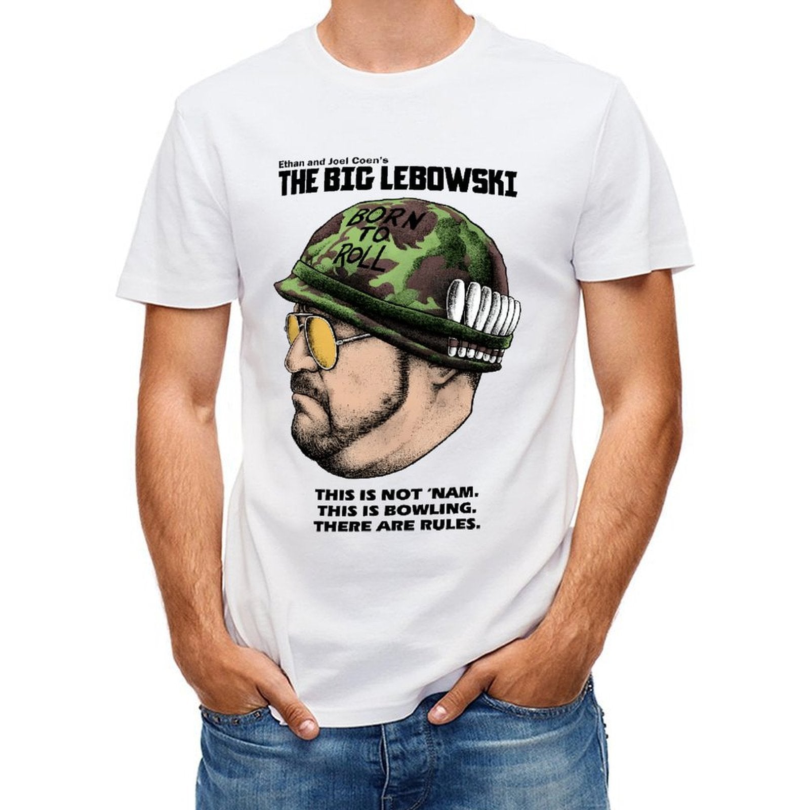Inkmay Casual Cotton T-shirt Camouflage Pattern With Born To Roll Unisex T-shirtRetro Fitted T-Shirt