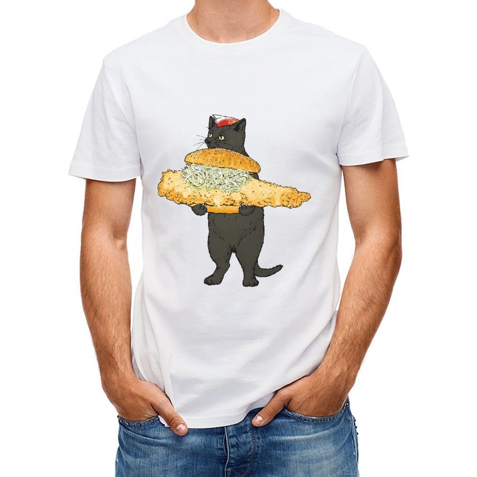 Inkmay Casual Cotton T-shirt Cat Holding Giant Sandwich With Toppings Unisex T-shirtAllSeason StreetLine T-Shirt