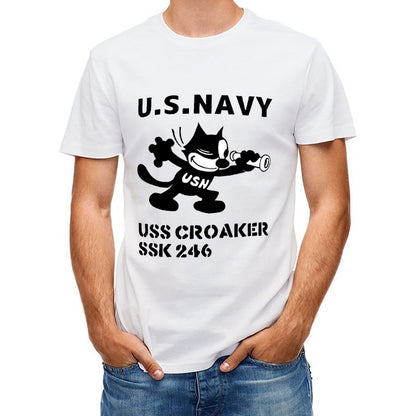 Inkmay Casual Cotton T-shirt Usn Silhouette With Trumpet And Anchor Unisex T-shirtClassic Printed T-Shirt