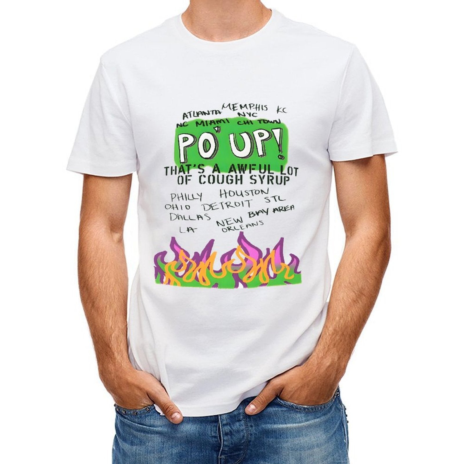 Inkmay Casual Cotton T-shirt Green Background With Purple Flames Design Unisex T-shirtStreetLine Smooth T-Shirt