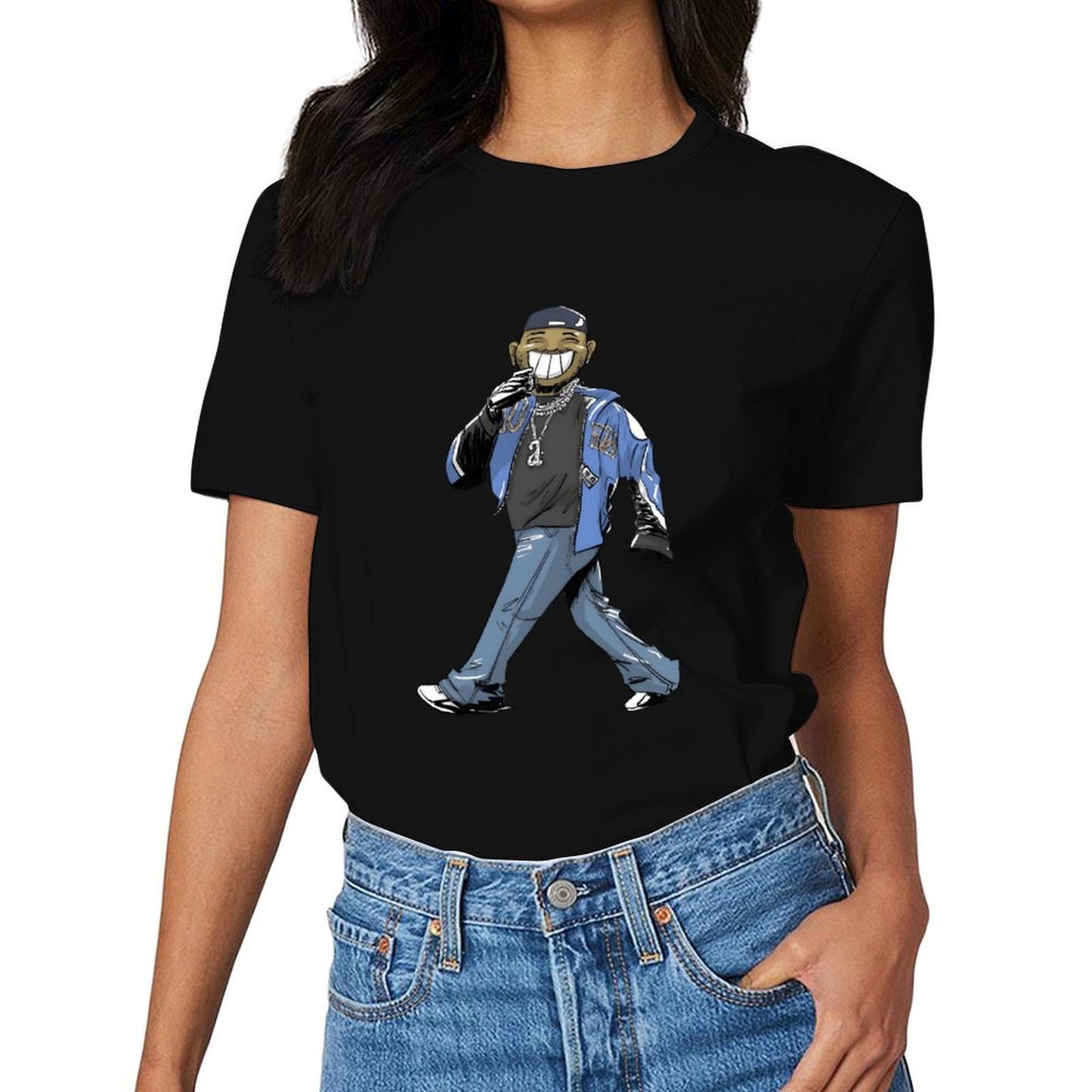 Inkmay Casual Cotton T-shirt Cartoon Character Wearing Blue Jacket Pants Unisex T-shirtBreathable TrueFit T-Shirt
