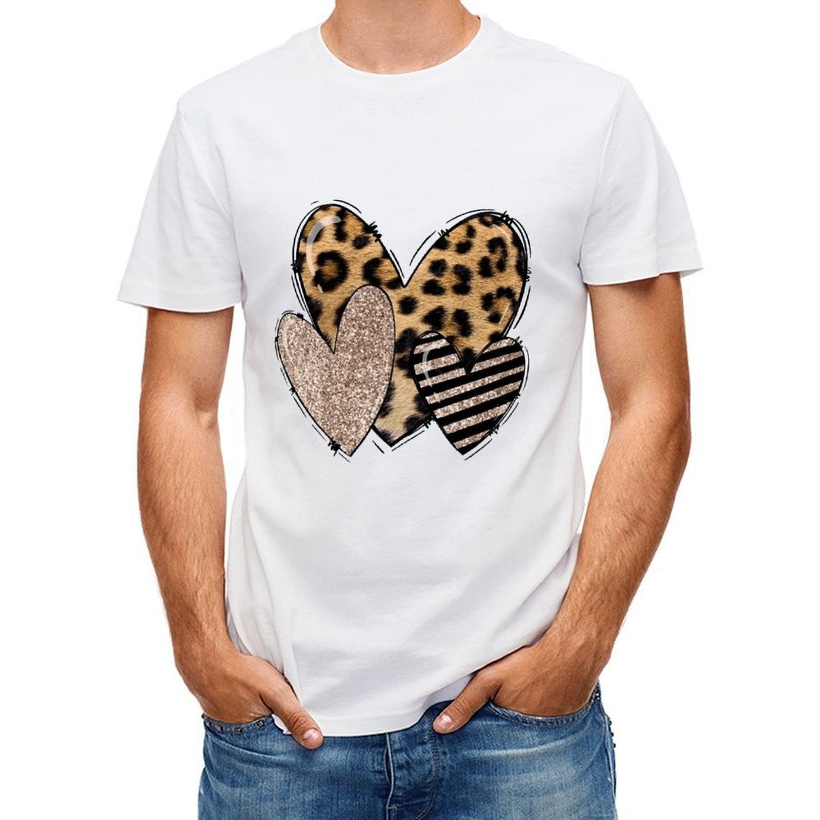 Inkmay Casual Cotton T-shirt Heart Shapes With Leopard And Glitter Unisex T-shirtSmooth Feel SimpleFit T-Shirt