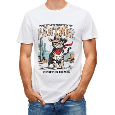 Inkmay Casual Cotton T-shirt Cat Wears Cowboy Hat And Bandana Unisex T-shirtCrew Neck SoftTouch T-Shirt