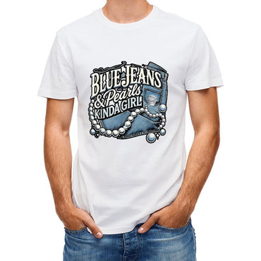 Inkmay Casual  Cotton T-shirt Blue Jeans And Pearls Kinda Unisex T-shirtLong Lasting Minimal T-Shirt