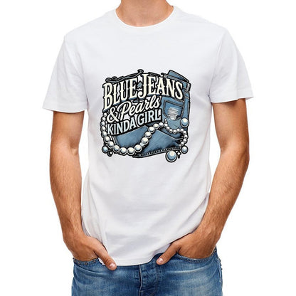 Inkmay Casual  Cotton T-shirt Blue Jeans And Pearls Kinda Unisex T-shirtLong Lasting Minimal T-Shirt