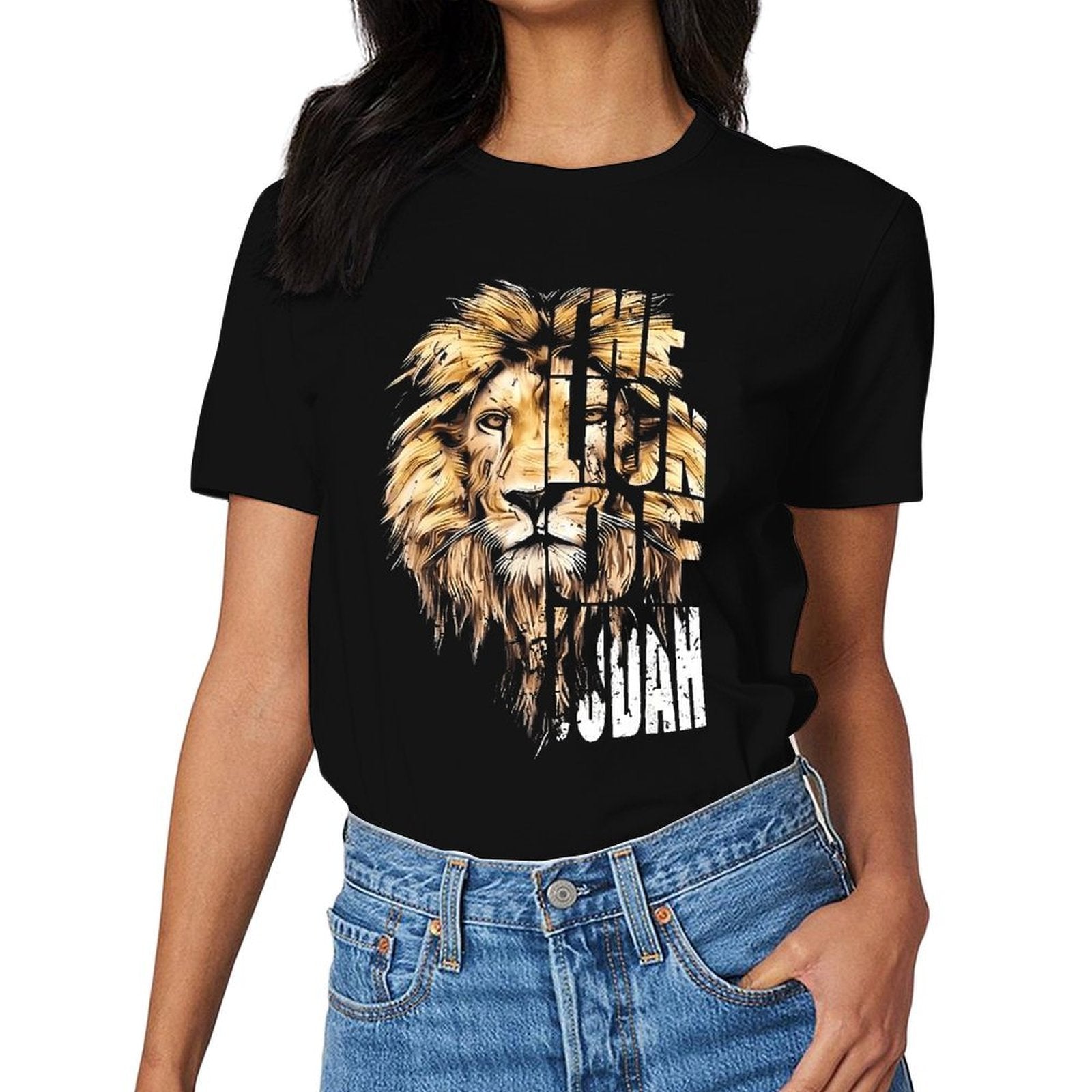 Inkmay Casual  Cotton T-shirt Lion Head With Bold Text Unisex T-shirt