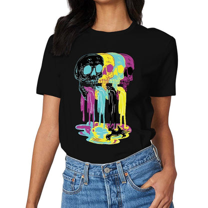 Inkmay Casual Cotton T-shirt Colorful Skulls With Dripping Paint Effects Unisex T-shirtActiveWear ComfortFit T-Shirt