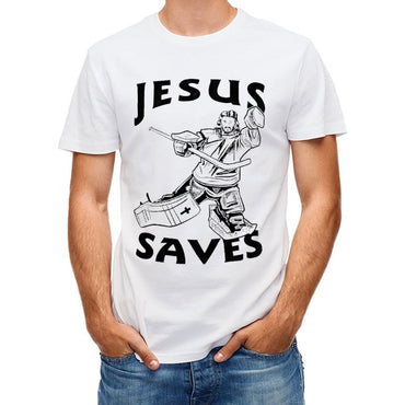 Inkmay Casual Cotton T-shirt Jesus Saves Hockey Goalie Pattern Print Unisex T-shirtClean Edges Outdoor T-Shirt