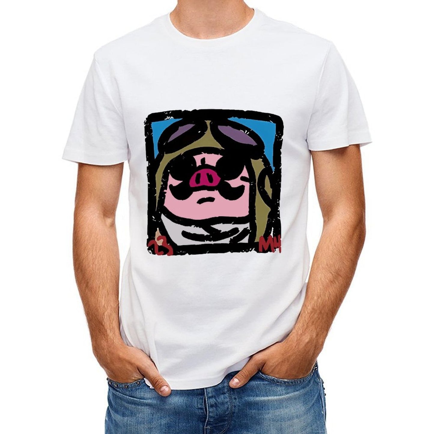 Inkmay Casual Cotton T-shirt Cartoon Pig Wearing Sunglasses And Hat Unisex T-shirt