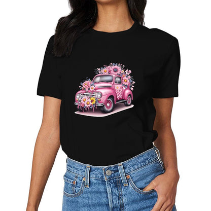 Inkmay Casual Cotton T-shirt Floral Decorated Pink Car Artwork Unisex T-shirtComfort Crisp Print T-Shirt