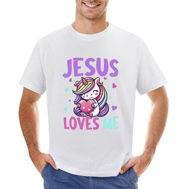Inkmay Casual  Cotton T-shirt Jesus Loves Me Rainbow Unicorn Hearts Unisex T-shirt