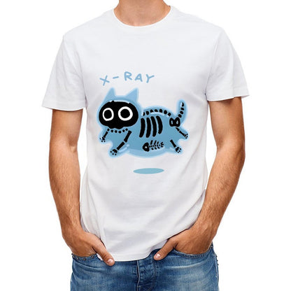 Inkmay Casual Cotton T-shirt Blue Cat Skeleton Print Design Art Unisex T-shirtSmooth Design-Your-Own T-Shirt