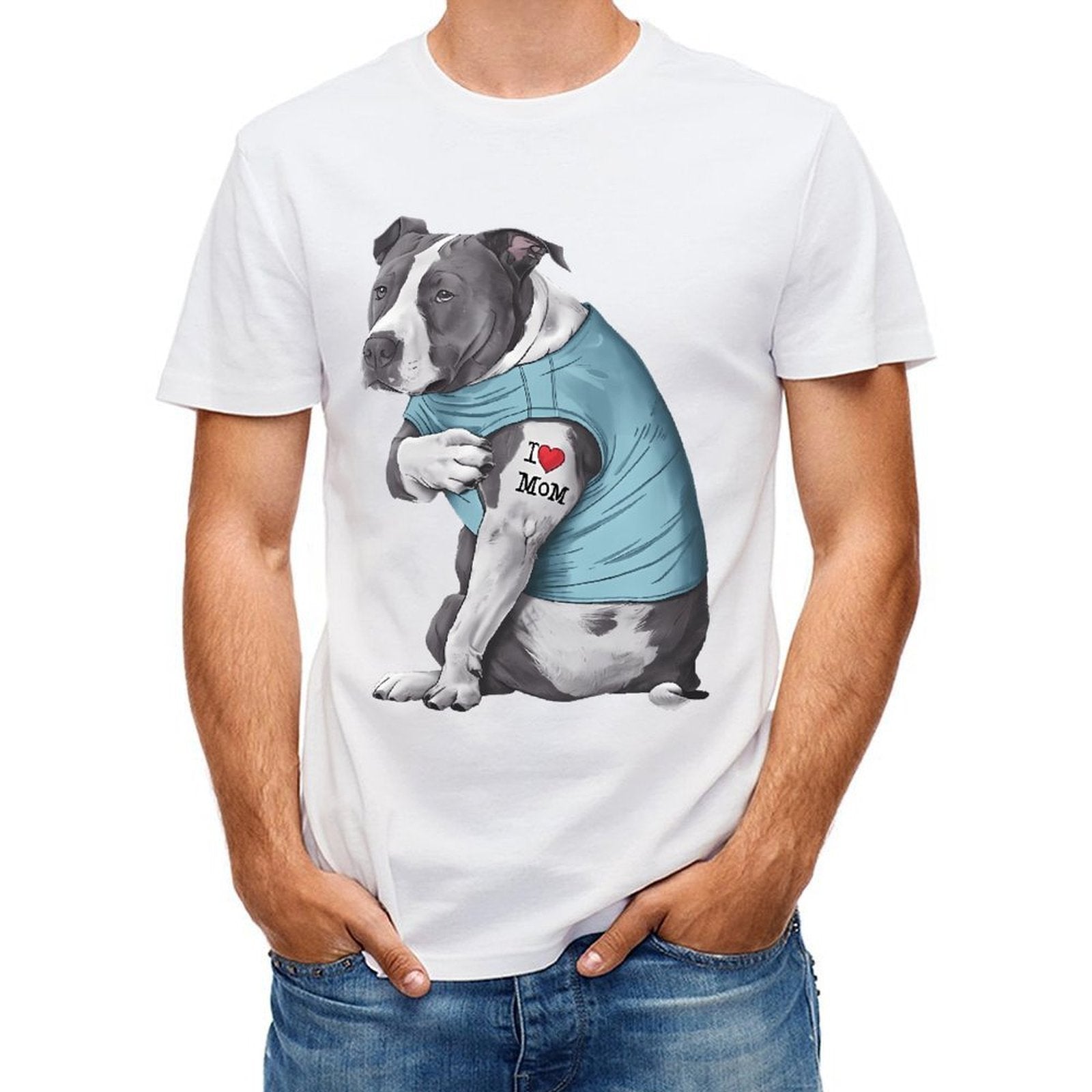 Inkmay Casual  Cotton T-shirt Dog Wears Blue Shirt Tattoo Mom Unisex T-shirtEveryday ClassicStyle T-Shirt