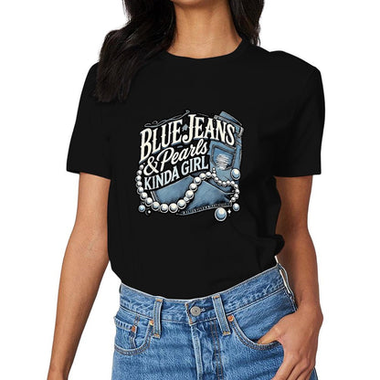 Inkmay Casual  Cotton T-shirt Blue Jeans And Pearls Kinda Unisex T-shirtLong Lasting Minimal T-Shirt