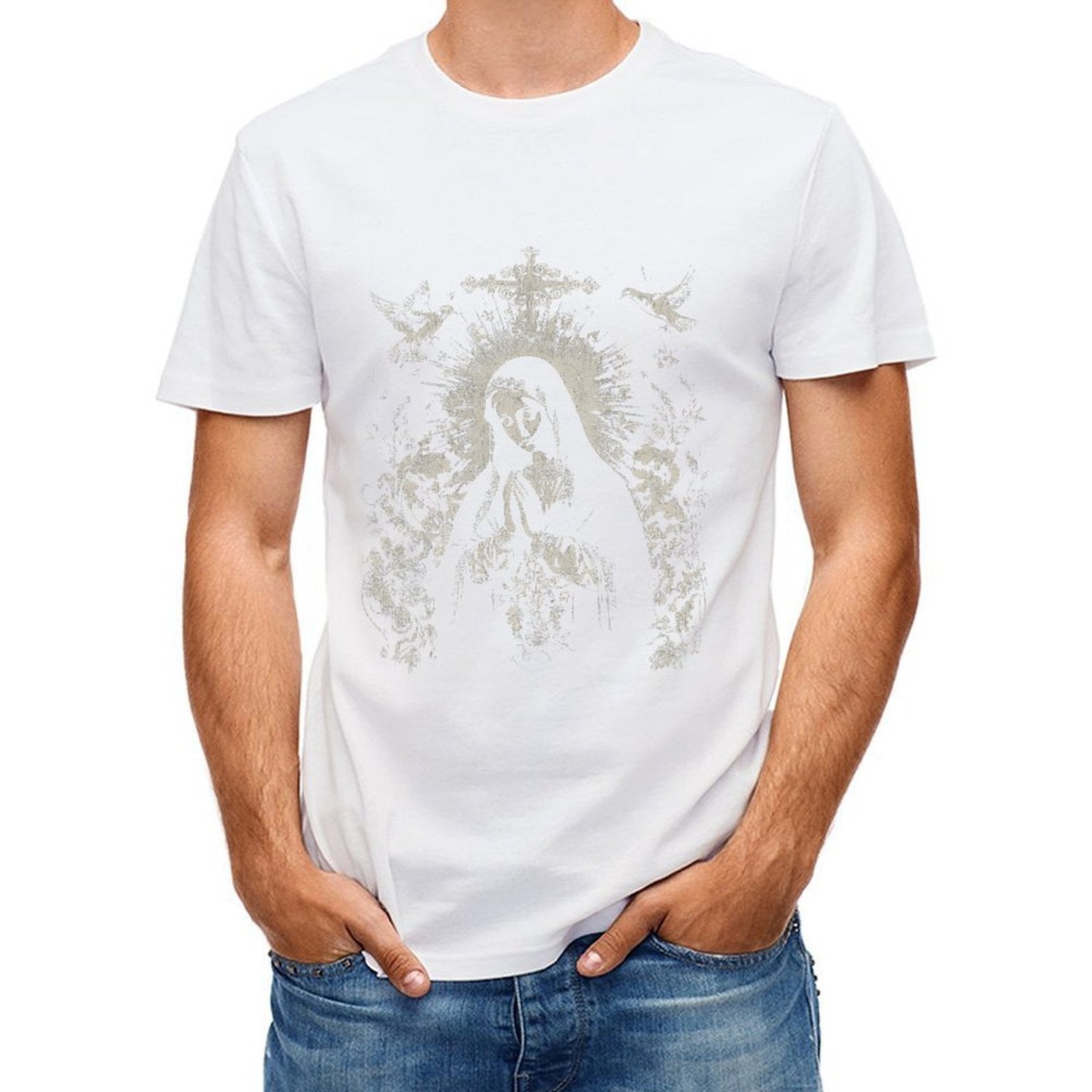 Inkmay Casual Cotton T-shirt Religious Art With Angels And Cross Unisex T-shirtNeutral Solid T-Shirt