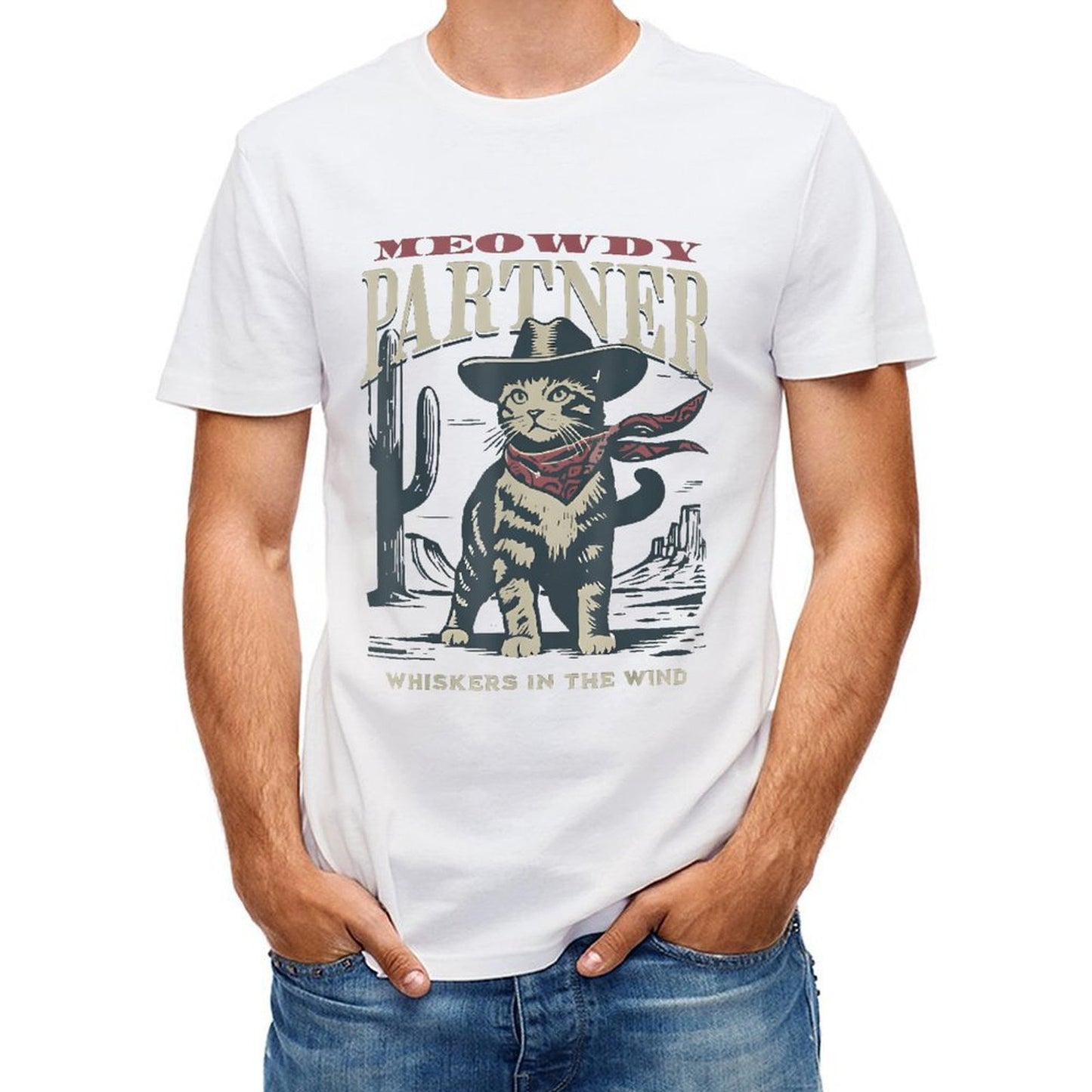 Inkmay Casual Cotton T-shirt Cat Wearing Cowboy Hat And Bandana Unisex T-shirtActive TimelessComfort T-Shirt